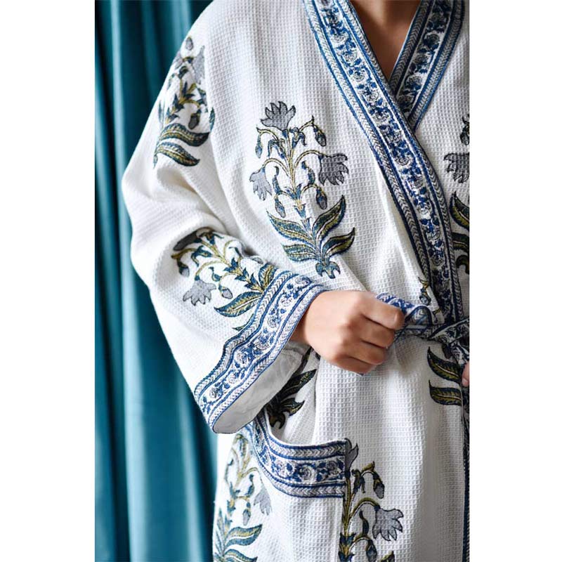 Blue Flower women's waffle bathrobe