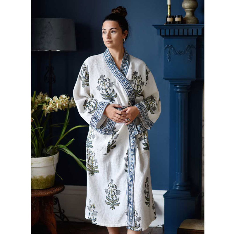 Blue Flower women's waffle bathrobe