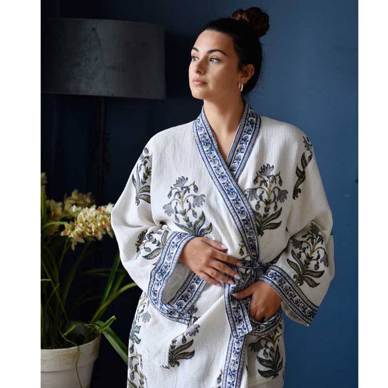 Blue Flower women's waffle bathrobe