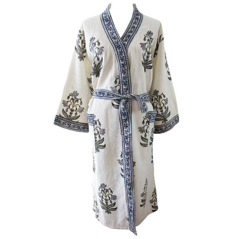 Blue Flower women's waffle bathrobe
