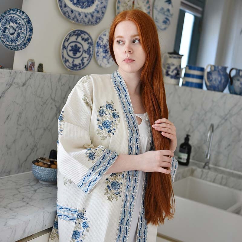 Blue &amp; White Floral Women's Waffle Bathrobe