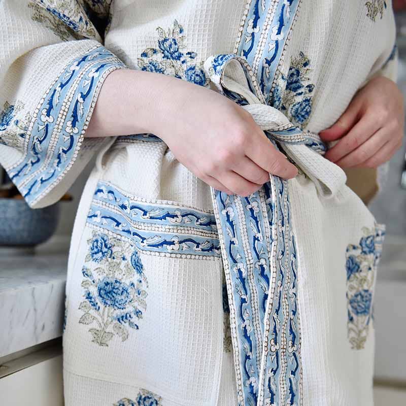 Blue &amp; White Floral Women's Waffle Bathrobe