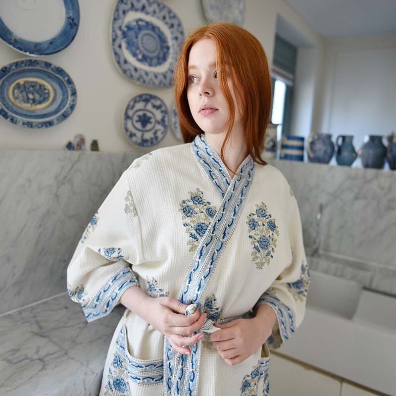 Blue &amp; White Floral Women's Waffle Bathrobe