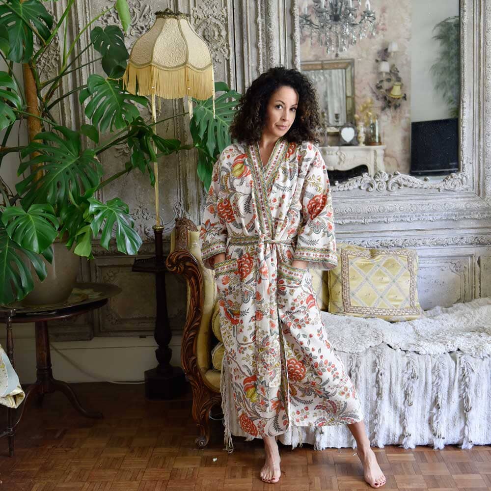 Floral Peach Women's Waffle Bathrobe