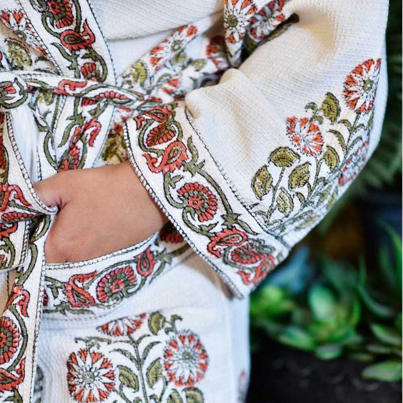 Orange Floral Women's Waffle Bathrobe