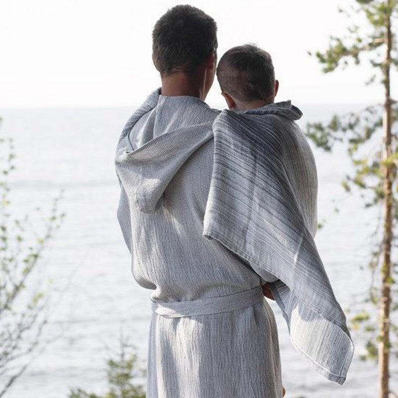 Tar linen bathrobe with hood, white-gray 