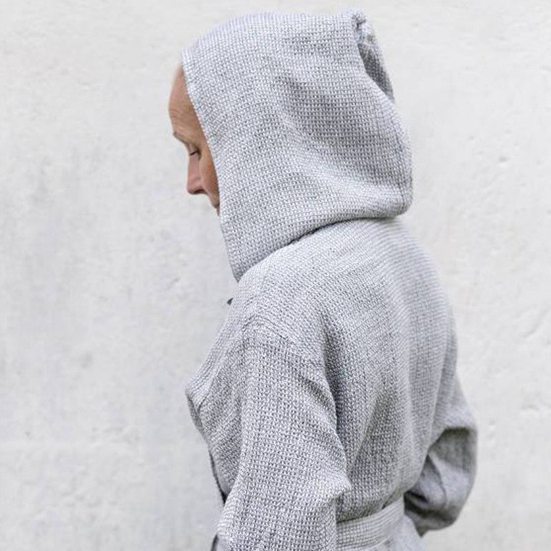 Tar linen bathrobe with hood, white-gray 